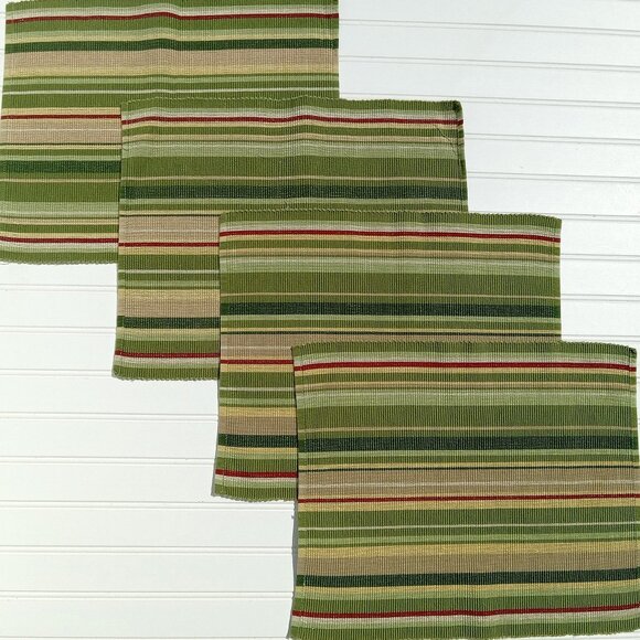 SET OF 4 Woven Thick Reversible Placemats Ribbed Green Multicolored Striped - Picture 1 of 8